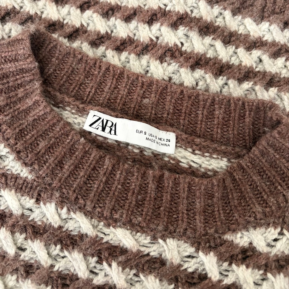 ZARA Wool Chunky Knit Oversized Sweater Brown Grey Stripes Pullover Knit Small - Picture 13 of 16